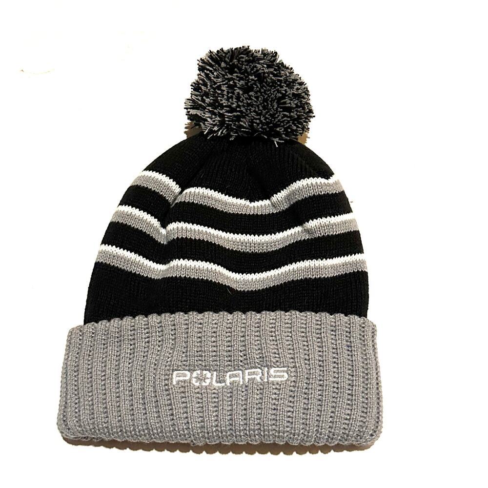 Polaris Black and Gray Striped Pom Pom Beanie Winter Stocking Cap